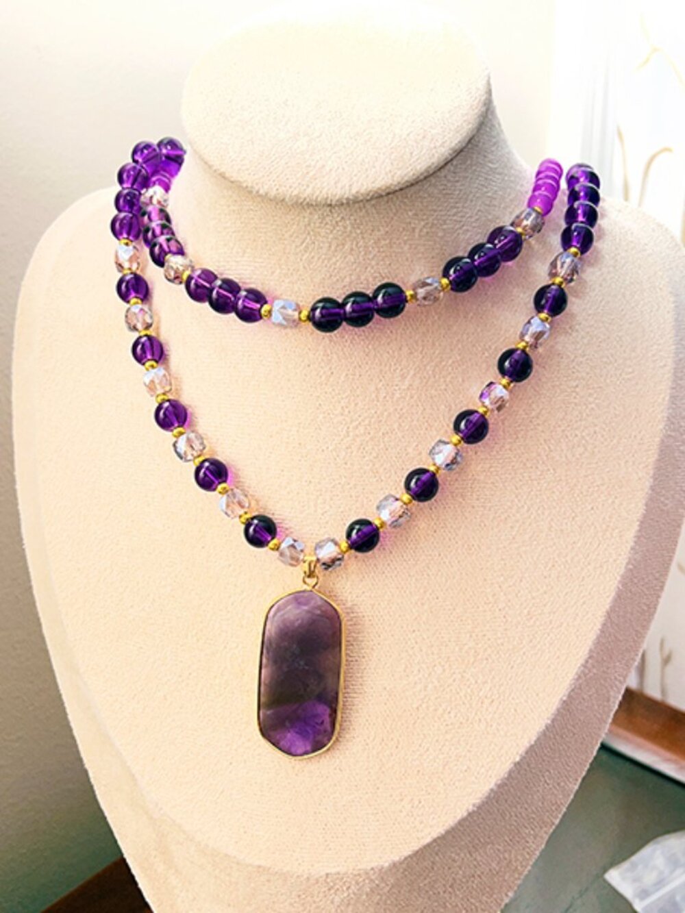 Set of 2 Bohemian Vintage Style Gold tone Necklaces with Natural Amethyst | NWOT